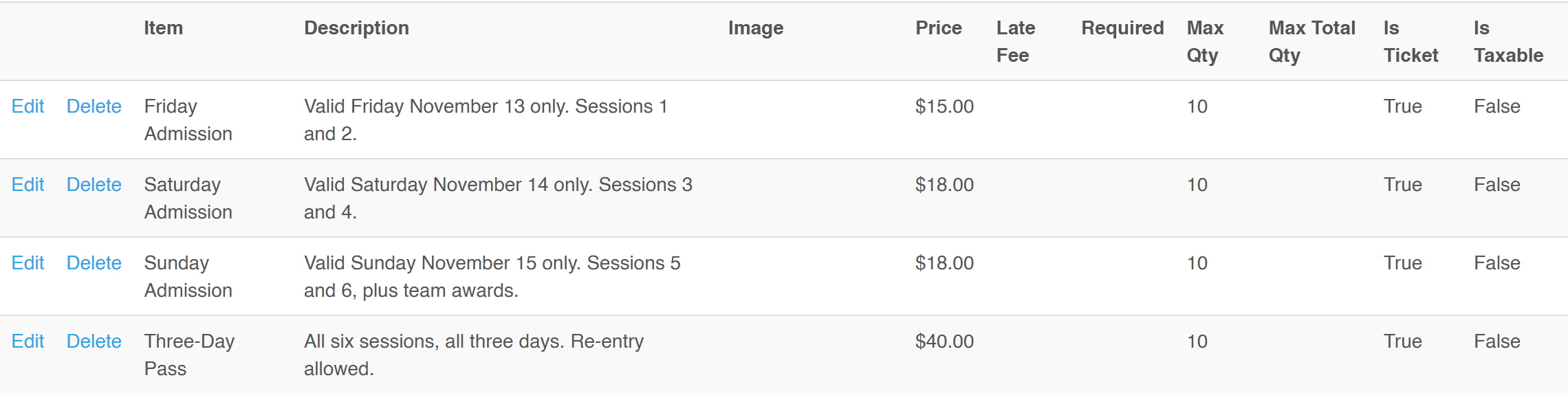 Four ticket types listed with prices and an Is Ticket column reading True