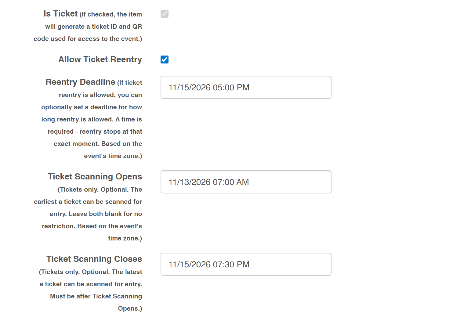 Ticket settings on one ticket type: re-entry, re-entry deadline, and the scanning window