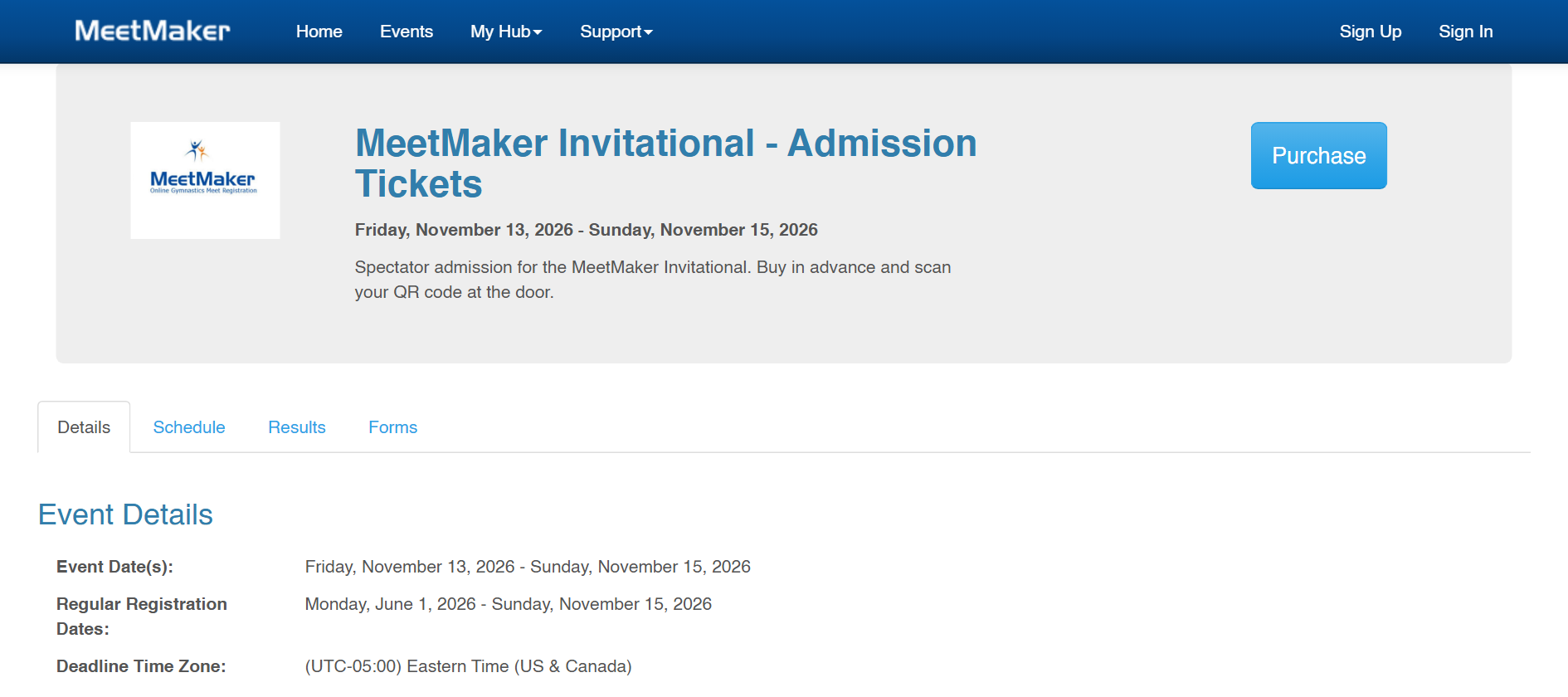 A public admission ticket listing on MeetMaker