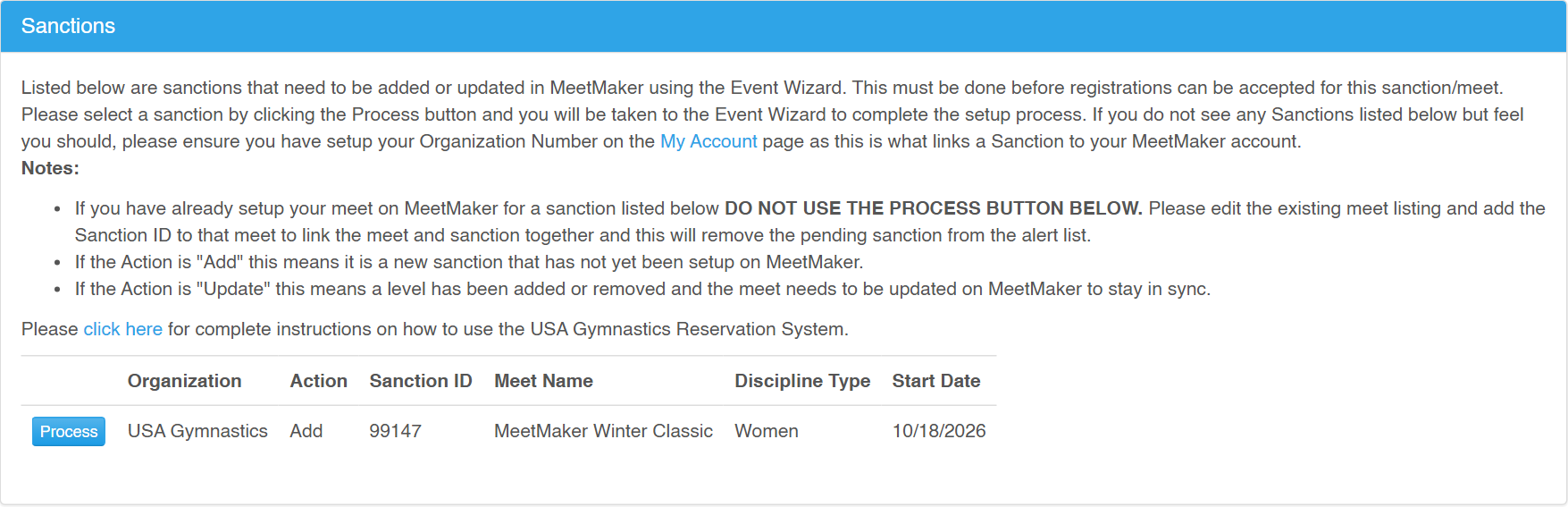 A new USA Gymnastics sanction waiting on the MeetMaker Alerts page, with a Process button