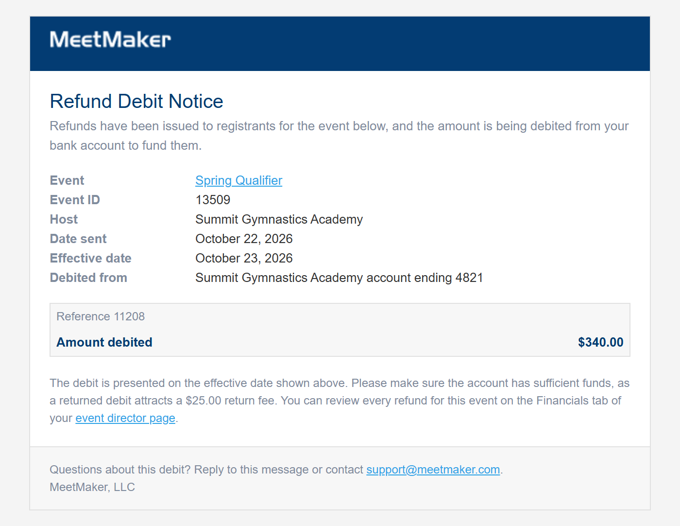 Refund debit notice email showing the amount debited and the account it comes from