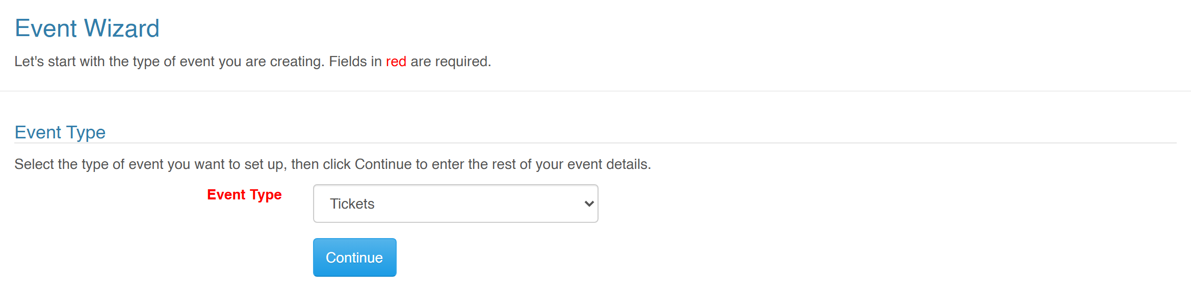 The Event Wizard opening on an Event Type dropdown with Meet, Camp/Clinic, Dues/Fees and Tickets