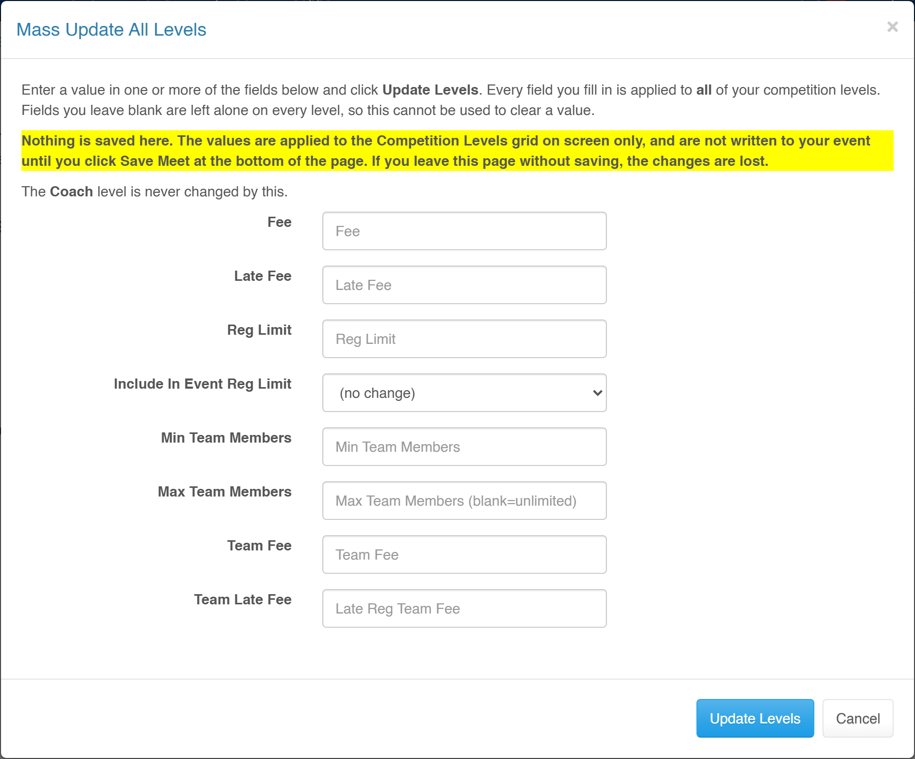 The Mass Update All Levels dialog with fee, late fee, registration limit and team fields